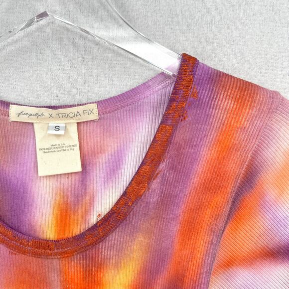 FREE PEOPLE X TRICIA FIX Reworked T-shirt S Orange Purple White Short Sleeve Rib - Picture 10 of 13